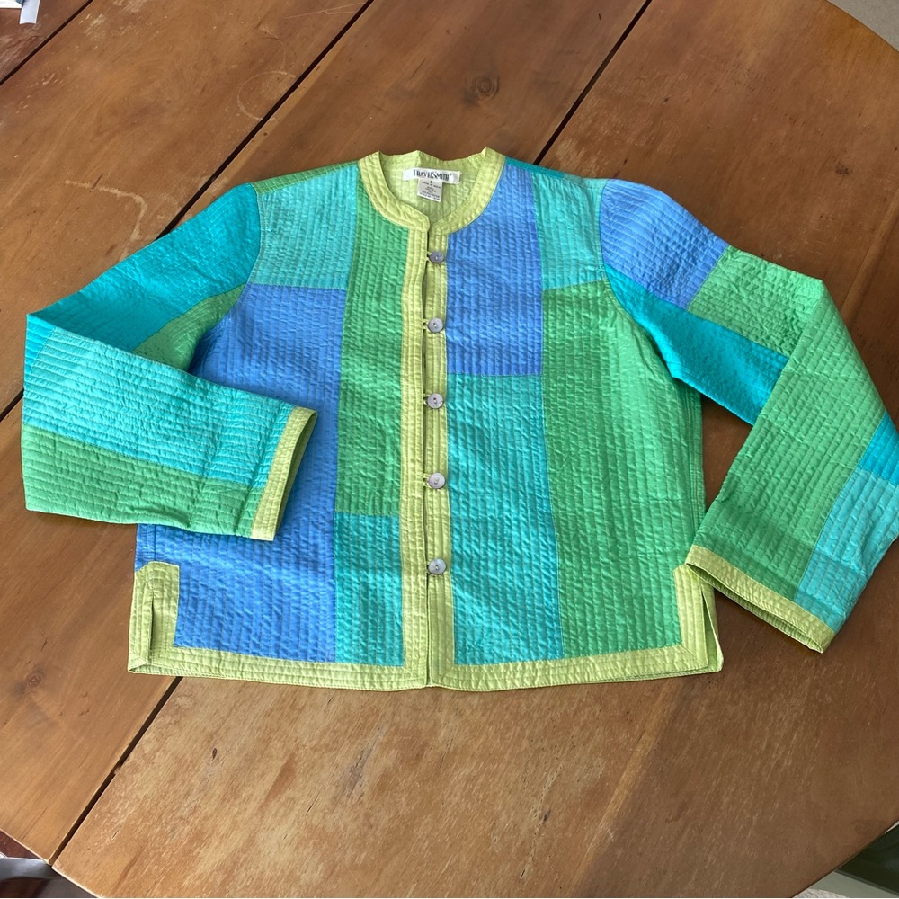 Silk Quilted Colorblock Button-up Jacket Lime Teal Blue Green Art to Wear Small